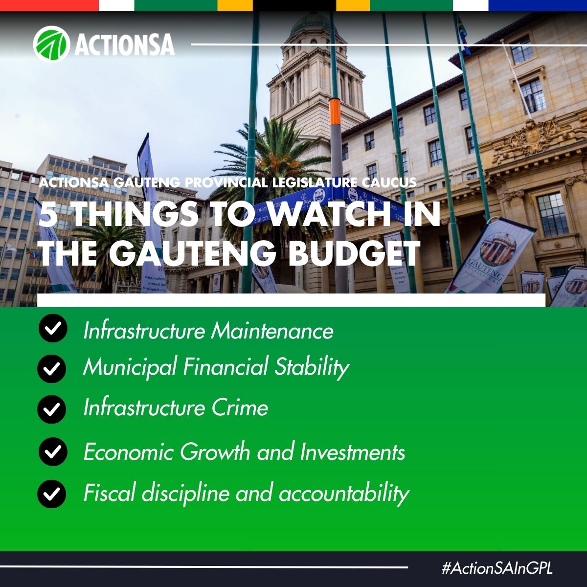 EvelynMondlana's tweet photo. Today the Gauteng Provincial Budget is tabled in the Legislature. ActionSA will closely scrutinise whether it truly addresses the real pressures facing residents — from collapsing infrastructure &amp; municipal instability to the urgent need for economic growth.

#GPBudgetSpeech https://t.co/omU1RXSWSJ