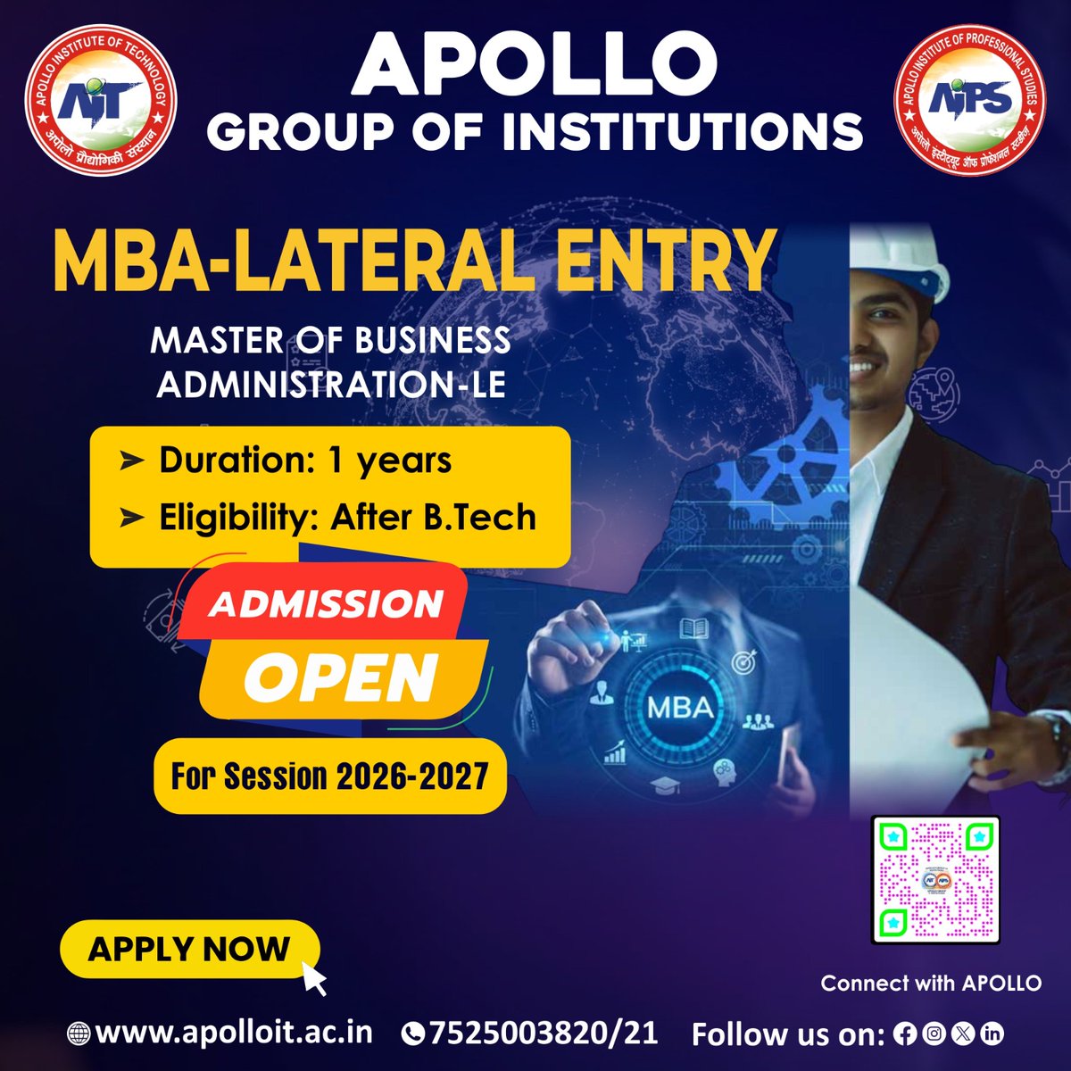 ApolloKanpur's tweet photo. The MBA-Lateral Entry program at Apollo Group of Institutions (MBA-LE).

*Duration*: 1 year.

*Eligibility*: After https://t.co/F2cJ30qngA.

*Application*: “APPLY NOW” with website https://t.co/Loy69C0mYz and contact phone numbers *7525003820 / 21*

#AdmissionsOpen #LateralEntry https://t.co/F7GaGVXRwO