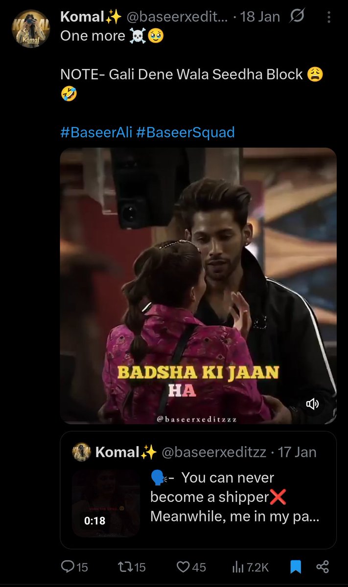 RehanKhan50431's tweet image. Dekho dekho shipping aur engagement pe bol kon rha hai 😂😂👏🏻

Jisne #Bahana, #Basnoor aur yaha tak #Behal🤮🤮 Astagfirullah 🤧
sab Kiya huwa hai 😂😂

Hypocrisy ki v Seema hoti hai magar komal ji ne to usko v paar kar diya hai😂👏🏻.

Wah didi wah😂👏🏻👏🏻!!

#BaseerAli