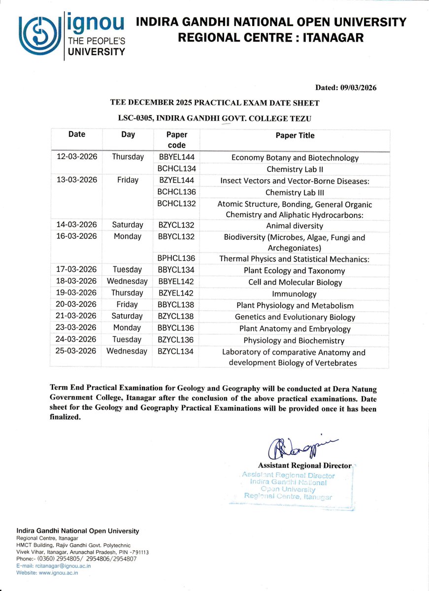 Routine for B.Sc. Practical for December 2025 TEE at LSC - 0305, Indira Gandhi Govt. College, Tezu