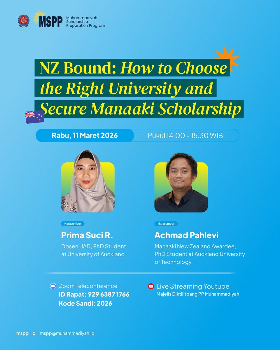 MSPP_ID's tweet photo. Tertarik kuliah di New Zealand? 🇳🇿

Yuk ikuti sesi NZ Bound: How to Choose the Right University and Secure Manaaki Scholarship.

🗓 Rabu, 11 Maret 2026
⏰ 14.00–15.30 WIB

Bahas tips memilih universitas dan peluang beasiswa. Jangan sampai terlewat! https://t.co/czr8w49nAl