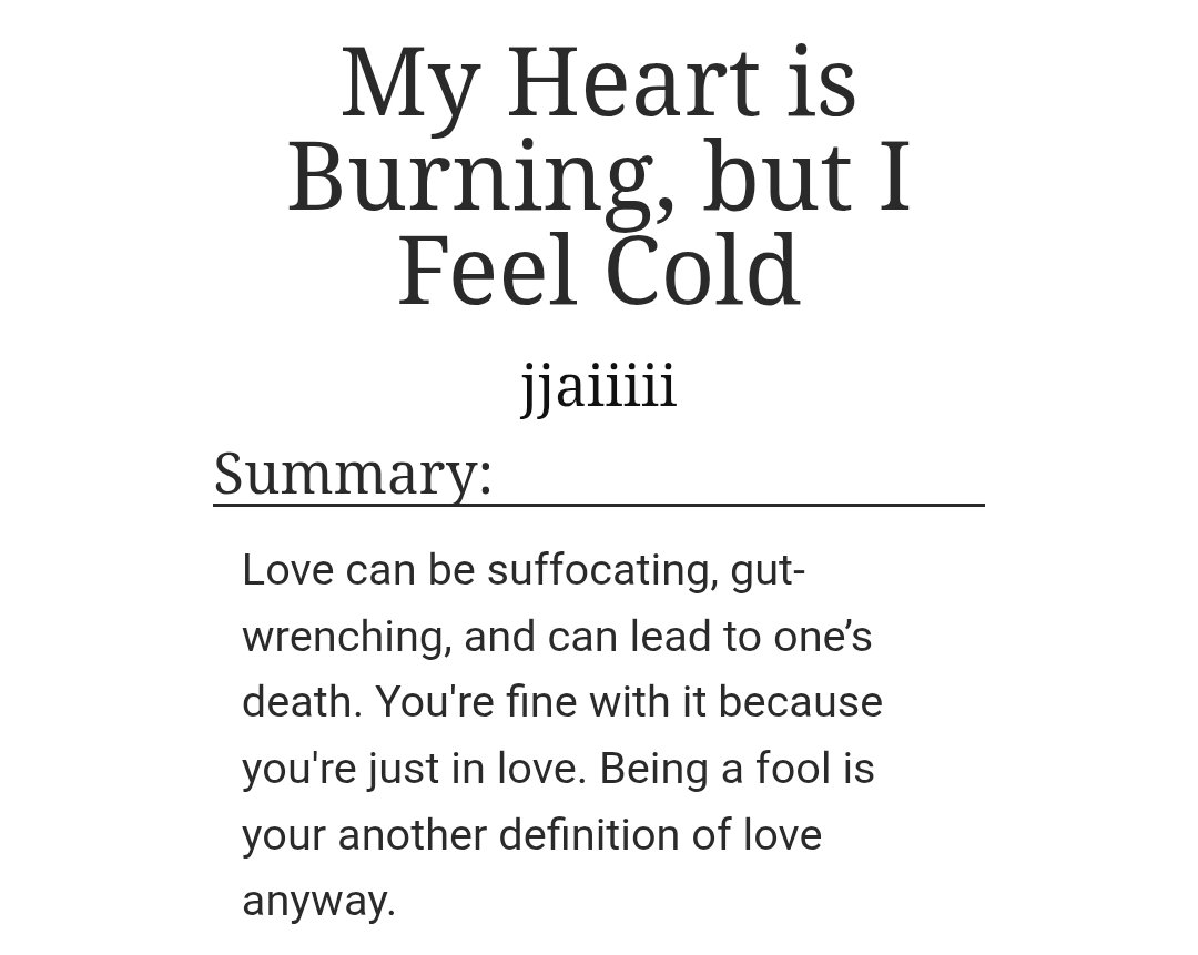 jjaiiii____'s tweet photo. My Heart is Burning, but I Feel Cold

Love can be suffocating, gut-wrenching, and can lead to one’s death. You're fine with it because you're just in love. Being a fool is your another definition of love anyway.

[ https://t.co/HZohg55m6N ]

#sethoscara https://t.co/f6gPfe60Fz