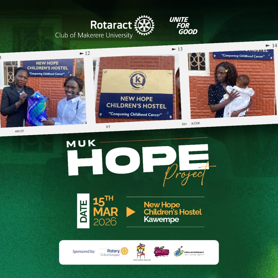 Rotaract_MUK's tweet image. The Rotaract Club of Makerere University proudly presents the MUK HOPE Project on 15th March 2026 at New Hope Children’s Hostel, Kawempe – a heartfelt initiative to support children battling cancer. 🎗️💙 

#UniteForGood #ConqueringChildhoodCancer #RotaractMUK 🚀👏
