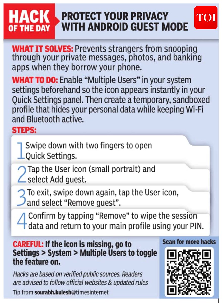 timesofindia's tweet image. 💡 Hack of the Day 💡

Protect your privacy with Android guest mode🔗toi.in/hQoi8b

The #TimesofIndia brings you '#HackoftheDay' — a new weekday series of quick, practical solutions to everyday hassles. Each hack is designed to save you time, money, or stress, using