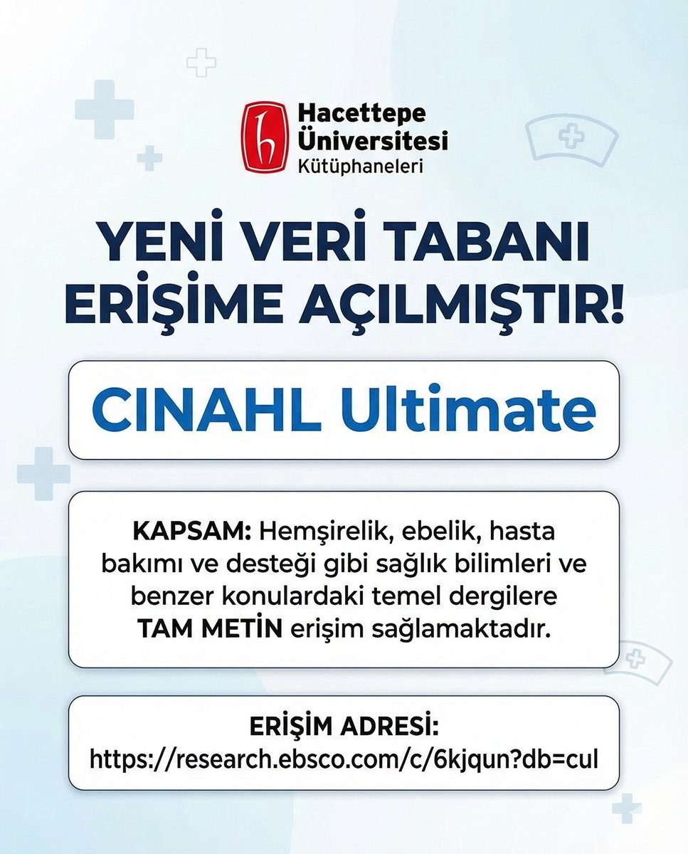 Değerli Kullanıcılarımız, 
CINAHL Ultimate Veri Tabanı Erişime Açılmıştır.
Kapsam: Hemşirelik, ebelik, hasta bakımı ve desteği gibi sağlık bilimleri ve benzer konulardaki temel dergilere tam metin erişim sağlamaktadır
Erişim adresi: research.ebsco.com/c/6kjqun?db=cul