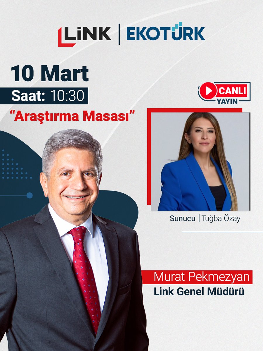 Link Genel Müdürü Murat Pekmezyan, Ekotürk TV’de Tuğba Özay’ın sunduğu “Araştırma Masası” programına konuk oluyor.
10 Mart saat 10:30’da canlı yayında sektör ve gündeme dair değerlendirmeler.
<a href="/Ekoturktv/">EKOTÜRK</a> 
#linkbilgisayar #ekoturk #arastirmamasasi  #teknoloji #canliyayin
