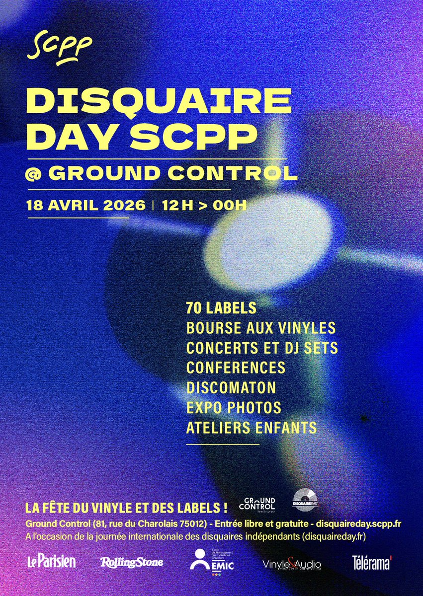 𝑫𝑰𝑺𝑸𝑼𝑨𝑰𝑹𝑬 𝑫𝑨𝒀 𝑺𝑪𝑷𝑷 : rendez-vous à Ground Control le 18 avril 💿🔥
12H → MINUIT.

Bourse aux vinyles ✖︎ Concerts ✖︎ DJ Sets ✖︎ Conférences ✖︎ Discomaton ✖︎ Exposition photos ✖︎ Atelier enfants

🎟️ Entrée libre et gratuite
Toutes les infos sur →