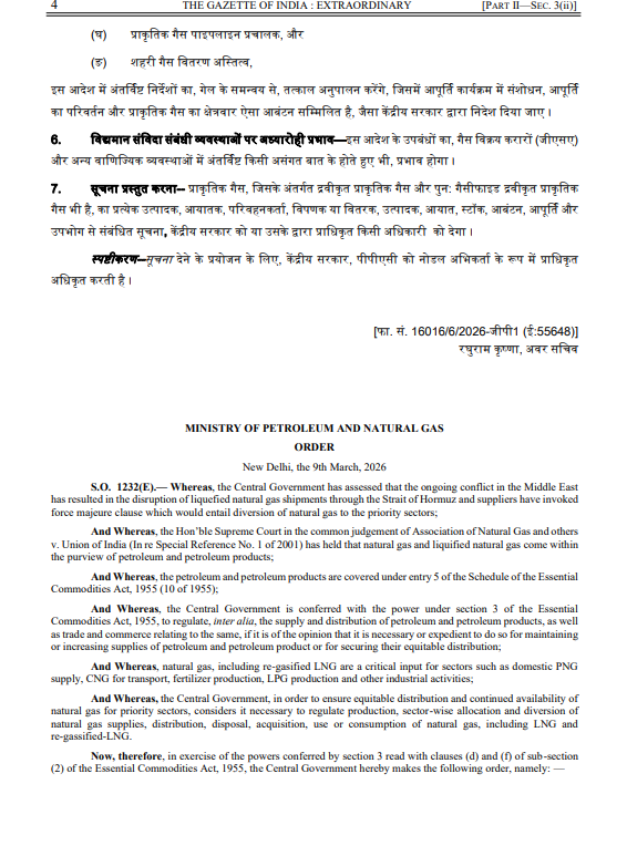 The government has invoked the Essential Commodities Act (EC Act ) to ensure uninterrupted supply of domestic cooking gas, directing refineries and petrochemical units to maximise production of liquefied petroleum gas (LPG) and divert key hydrocarbon streams to the LPG pool.