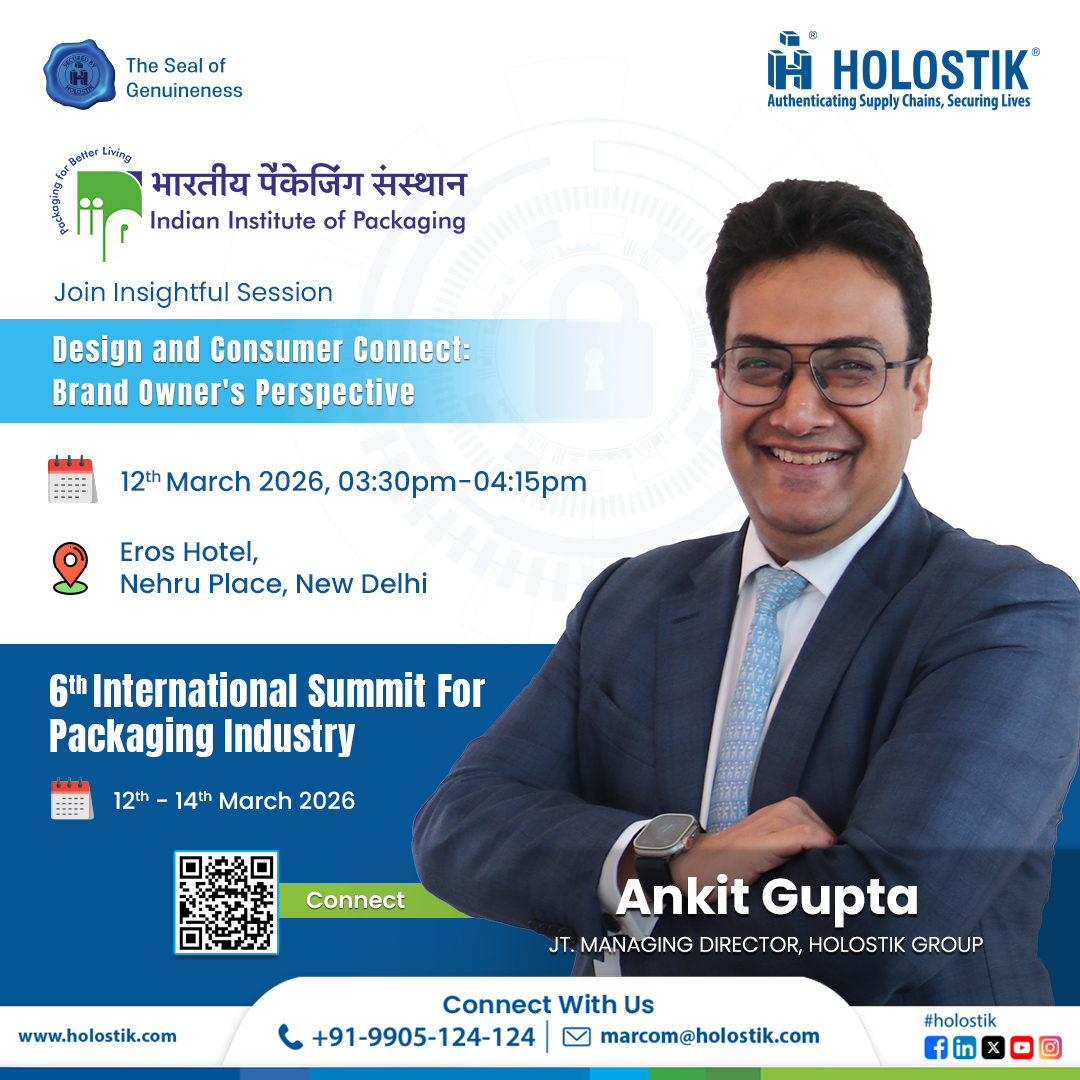 Excited to be part of the 6th ISPI, hosted by INDIAN INSTITUTE OF PACKAGING - IIP.

At the summit, Mr. Ankit Gupta, JMD, Holostik , will be speaking in the panel discussion “𝐃𝐞𝐬𝐢𝐠𝐧 𝐚𝐧𝐝 𝐂𝐨𝐧𝐬𝐮𝐦𝐞𝐫 𝐂𝐨𝐧𝐧𝐞𝐜𝐭: 𝐁𝐫𝐚𝐧𝐝 𝐎𝐰𝐧𝐞𝐫’𝐬 𝐏𝐞𝐫𝐬𝐩𝐞𝐜𝐭𝐢𝐯𝐞.”