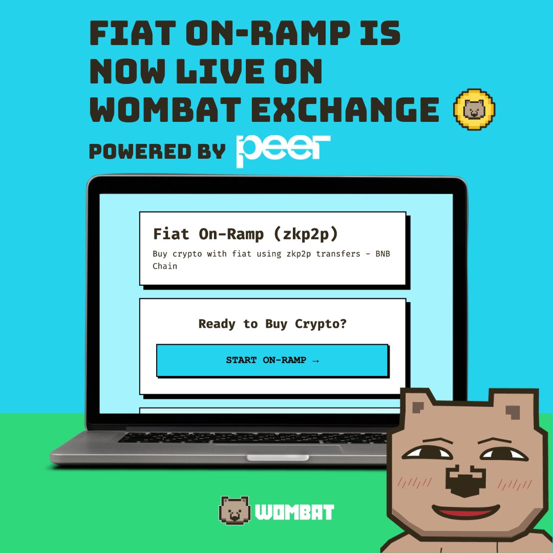 🚀 Big news, Wombat Fam! Fiat on-ramp is now LIVE on Wombat Exchange!

Powered by <a href="/peerxyz/">Peer (Prev. ZKP2P)</a> (formerly <a href="/zkp2p/">ZKP2P (now Peer)</a>), you can now buy $BNB directly from fiat and send them to Wombat Exchange on <a href="/BNBCHAIN/">BNB Chain</a> with zero friction.

🏦 Supported: Venmo, Revolut, Wise, &amp; Cash App
🔐 P2P &amp;