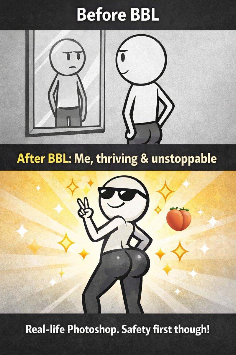 Timothy71967285's tweet image. Thinking about a BBL? It’s not just a trend, it’s a fat transfer glow-up! 🍑 Stomach, thighs → butt for that perfect lift. But remember: curves don’t come without risks. Safety first, glow later! 
#BBL #GlowUp