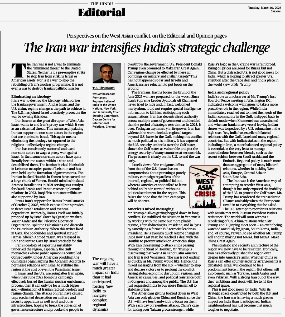 ambtstirumurti's tweet photo. My article in @the_hindu - The Iran War intensifies India’s strategic challenge

This is a war to destroy ideology driving Iranian government, through regime change

The endgame of Israel differs from that of the US

The war will have much greater impact on India than anticipated https://t.co/3de6afa9VG