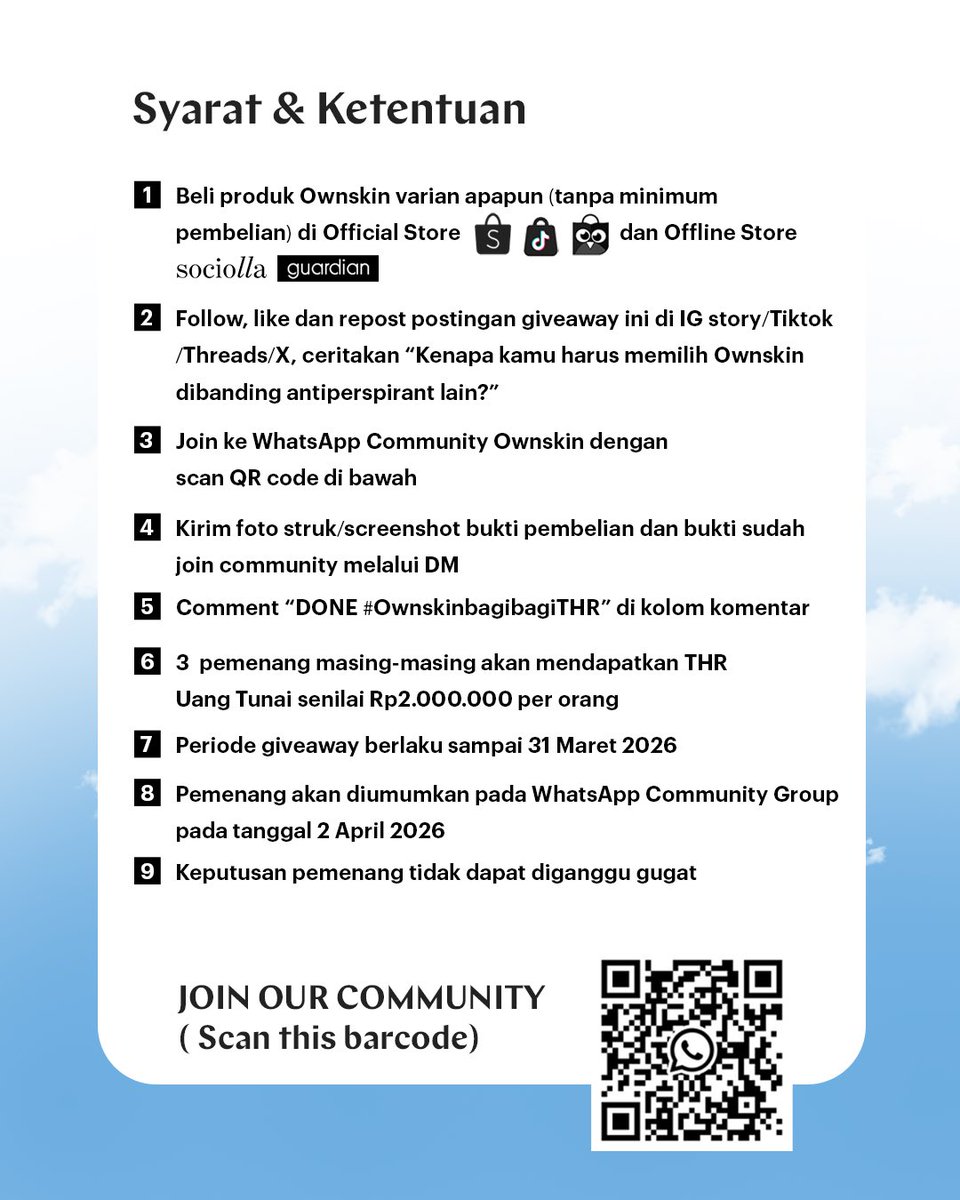 ownskin_ind's tweet photo. Siapa mau THR?
Ayok join segera yorobun~ https://t.co/bA4M4KYMma