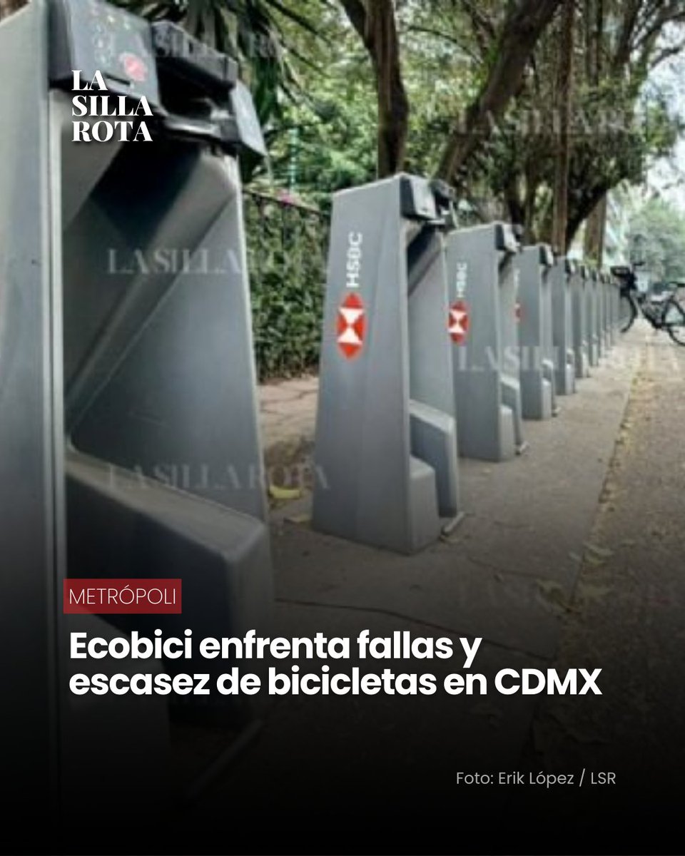 lasillarota's tweet photo. 🚲 El sistema Ecobici en la Ciudad de México mantiene alrededor de 9 mil 300 bicicletas en operación, una cifra que usuarios consideran insuficiente para cubrir la demanda diaria. La expansión anunciada para sumar 15 mil nuevas unidades antes del Mundial de Futbol aún no se concreta, pese a que faltan menos de tres meses para el inicio del torneo.

Durante un recorrido de La Silla Rota por estaciones en colonias como Polanco, Condesa, Roma Sur, Doctores y San Pedro de los Pinos, se detectaron bicicletas con fallas mecánicas, asientos dañados y estaciones sin unidades en horas pico. Usuarios señalan que en ocasiones deben recorrer varias estaciones o esperar hasta 20 minutos para poder tomar una bicicleta.

🔗 https://t.co/uZvWeapKF9