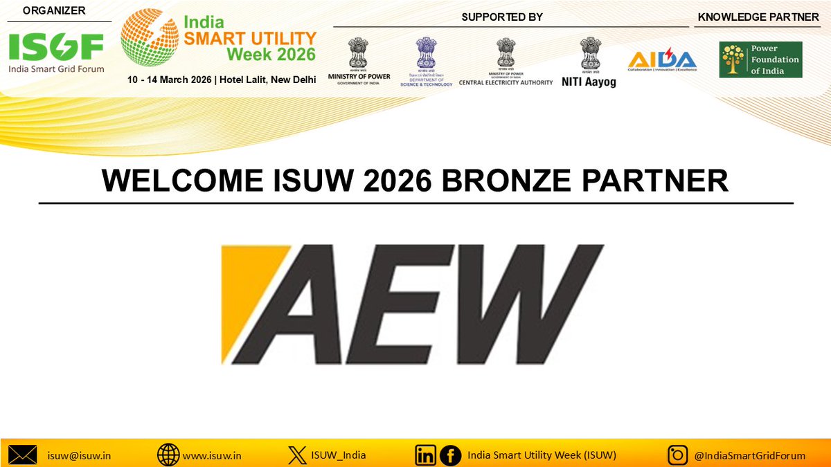 ISUW_India's tweet photo. We are pleased to welcome #ISUW26 Bronze Partner @AEWLimited 
 
Join us for #ISUW26 to meet and interact with Allied Engineering Works Limited team.

📢 Stay tuned for live updates!
🌐 Visit: https://t.co/csDIA1bGoP

#SmartEnergy #SmartMobility #ISUW26 https://t.co/6b2j6Qcefj