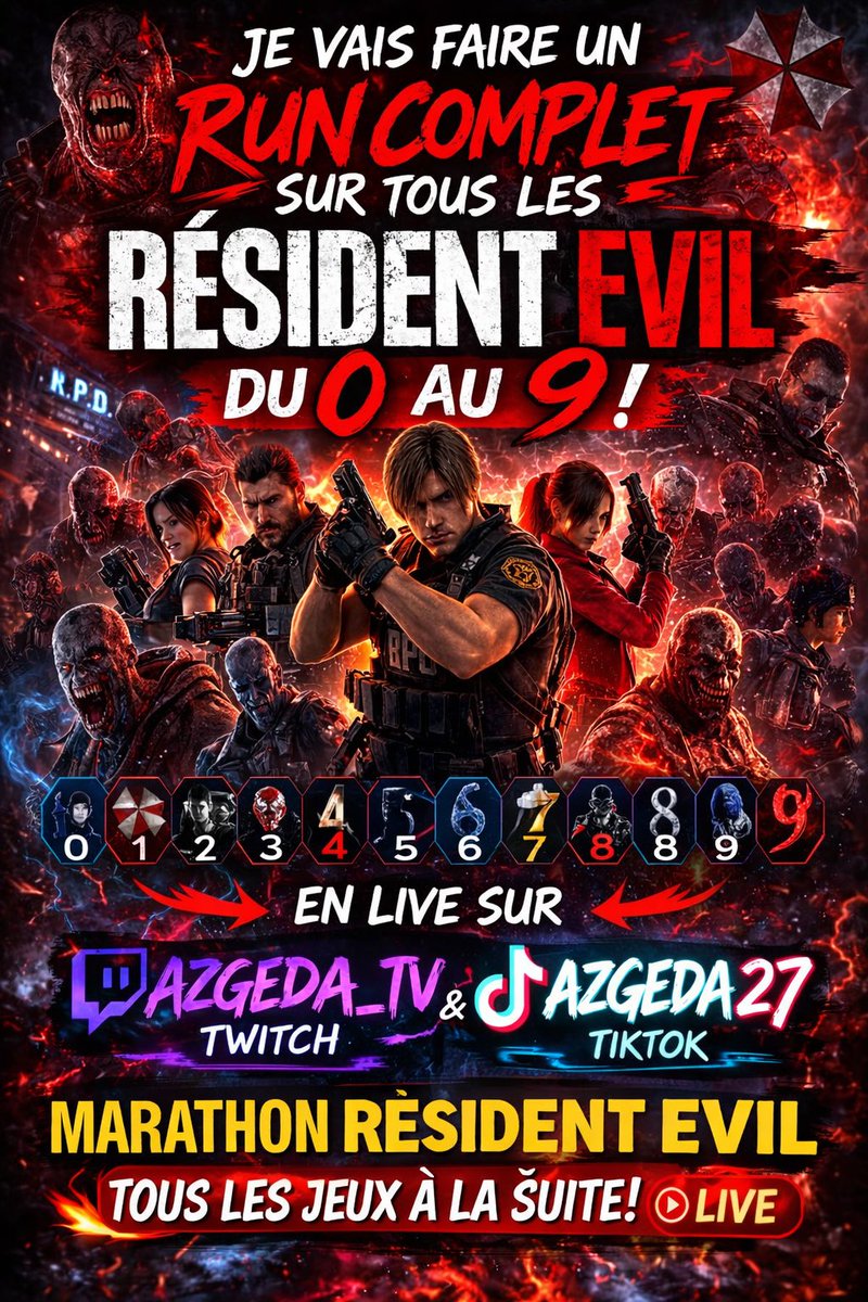 Azgeda_Tv's tweet photo. 🧟‍♂️ MARATHON RESIDENT EVIL

Je tente un RUN COMPLET du 0 au 9 🔥
Tous les jeux à la suite en LIVE !

📺 Twitch : Azgeda_TV
📱 TikTok : Azgeda27

Qui vient survivre avec moi ? 😈
 
🚨LUNDI 16 MARS 🚨
#residentevil #twitchfr #gaminglive #survivalhorror #stream https://t.co/2RmMJFi5i2