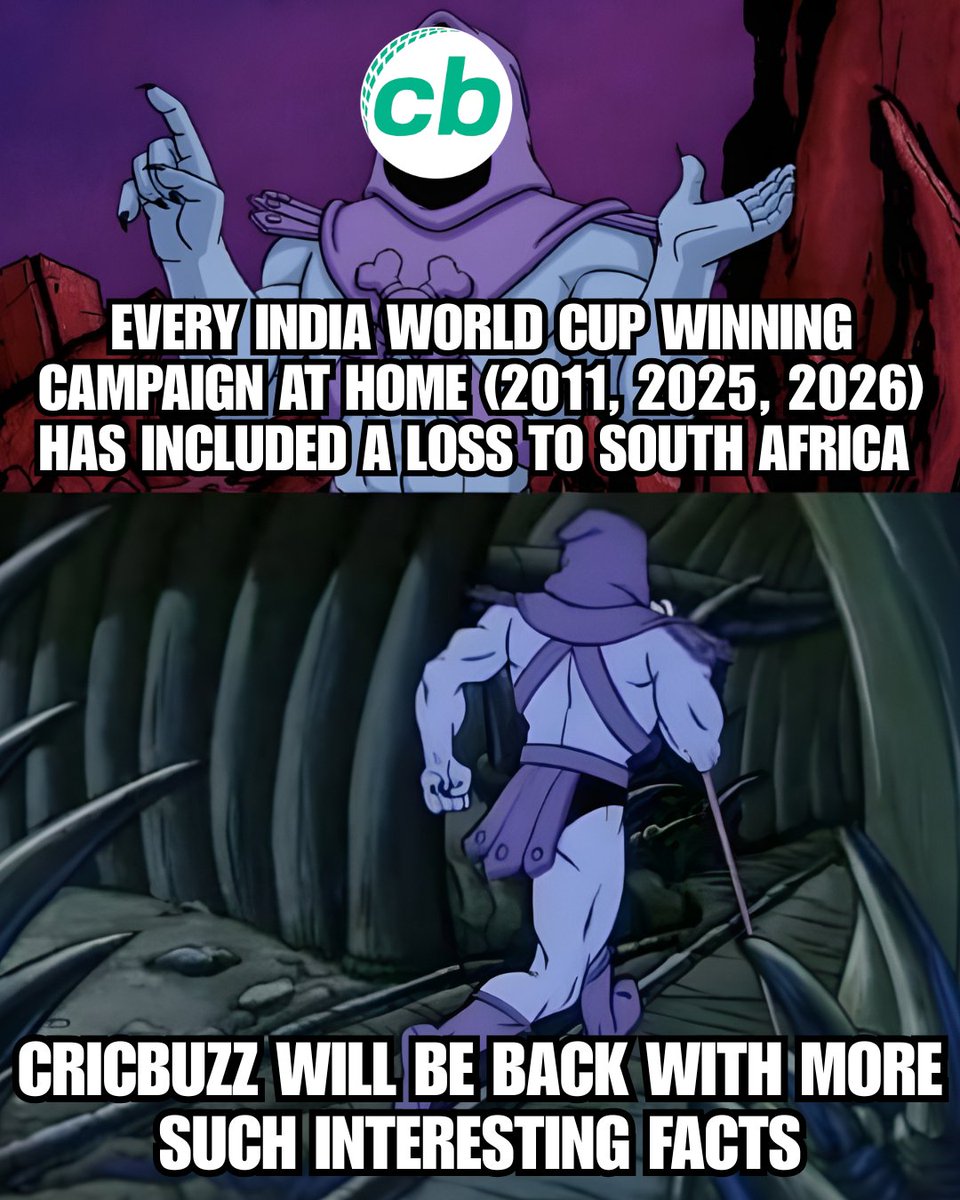 cricbuzz's tweet image. ❌Lost to SA, won the Men's ODI World Cup 2011 
❌Lost to SA, won the Women's ODI World Cup 2025
❌Lost to SA, won the Men's T20 World Cup 2026

Need to win the title? Lose to SA first!

#IndiaCricket #T20WorldCup2026