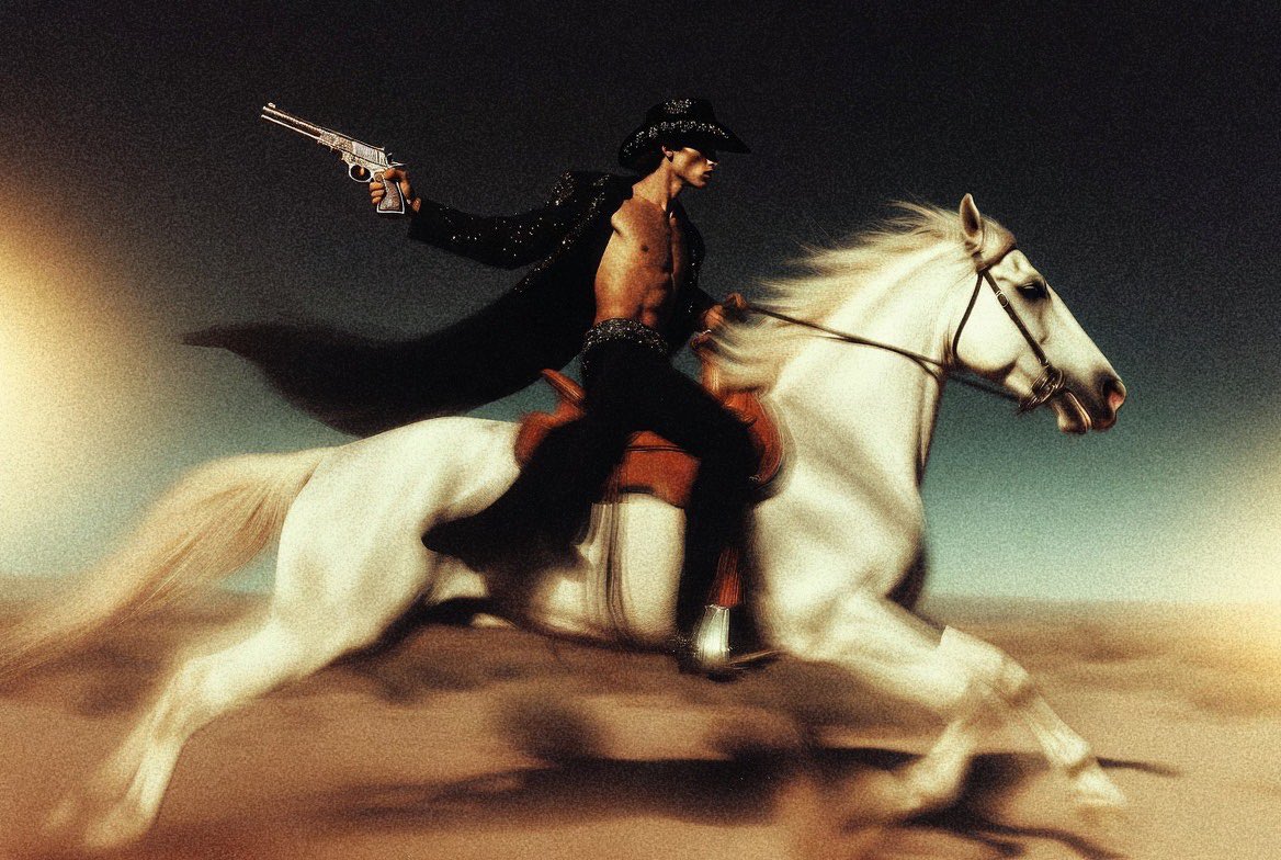 SyntheticLens's tweet photo. QT Your Cowboy! 🤠

Show me your Maverick, the untamed rebel ridin' solo, chasin' that black gold across pixel prairies. 

No pressure, just pure promptin' fun!

Poppin' tags: @trinitythebull  @atrekkingstar @ztay616 @itsPixieVerse @RealLeeForest @employee8888 @LucidRogues @lucidspectres @JakeDBradford @Heartwords3 @UmbraNexus404 @highlander83Art