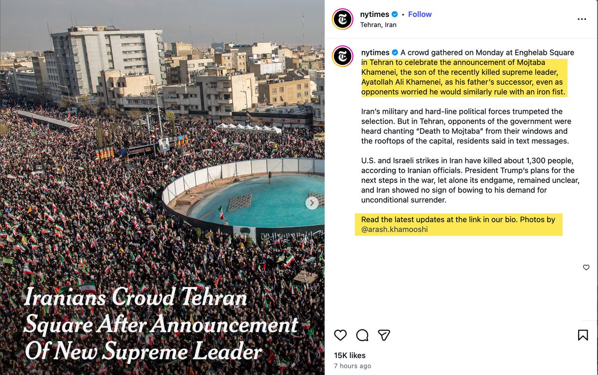 War propaganda is sinister. You really have watch for it.

There is an orchestrated campaign of tens of thousands of people/bots claiming the below Tehran video is fake: either old or AI. They're trying to Community Note it.

The NYT had a photographer there to show it's real: