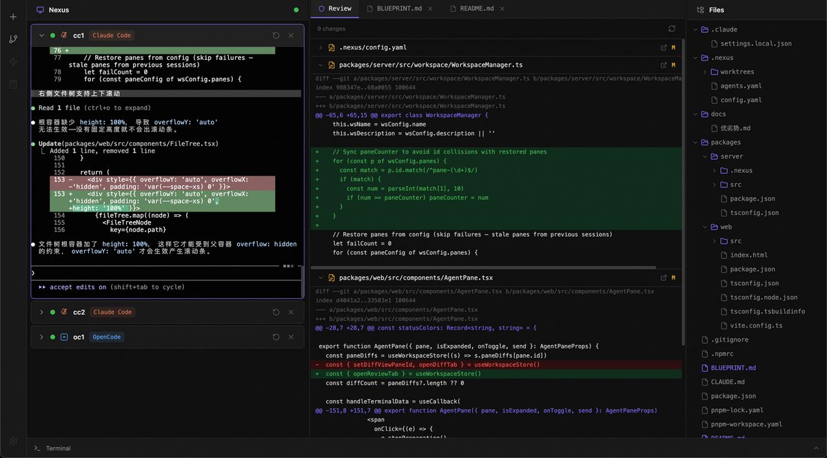 yofine2js's tweet image. #Agentteam  昨天一直在用 Nexus 开发 Nexus，斟酌再三加上了 git  worktree，不过是在创建 Agent pane 时的可选项，用于需要隔离独立开发的任务，其余还是以 多 Agent 共享工作空间协作为主。