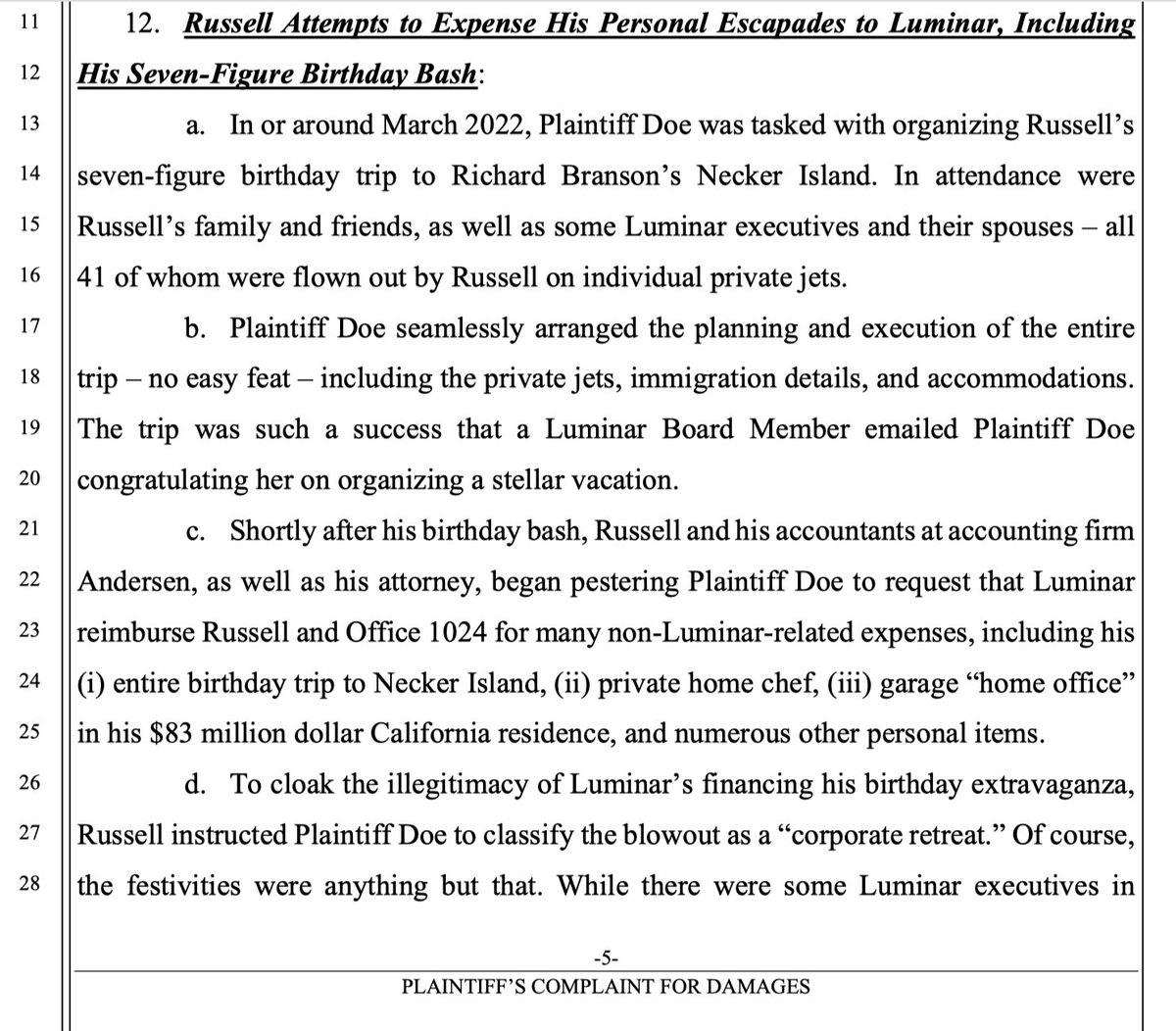 spearheader11's tweet photo. Luminar’s former CEO Austin Russell’s allegedly tried to bill Luminar for his seven-figure birthday bash on Necker Island - including private jets for 41 guests - calling it a ‘corporate retreat’, despite many guests being family and friends, not employees. @luminartech  $lazr https://t.co/8iPYAg887H
