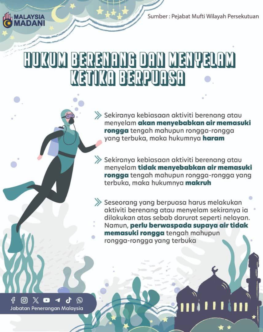 Berenang atau menyelam ketika berpuasa makruh jika tidak menyebabkan air masuk ke rongga terbuka. 🌊

Namun, jika berisiko air memasuki rongga tengah, hukumnya haram — kecuali dalam keadaan darurat dengan langkah berjaga-jaga.

#Ramadan2026
#RancakkanMADANI
#MADANIBekerja