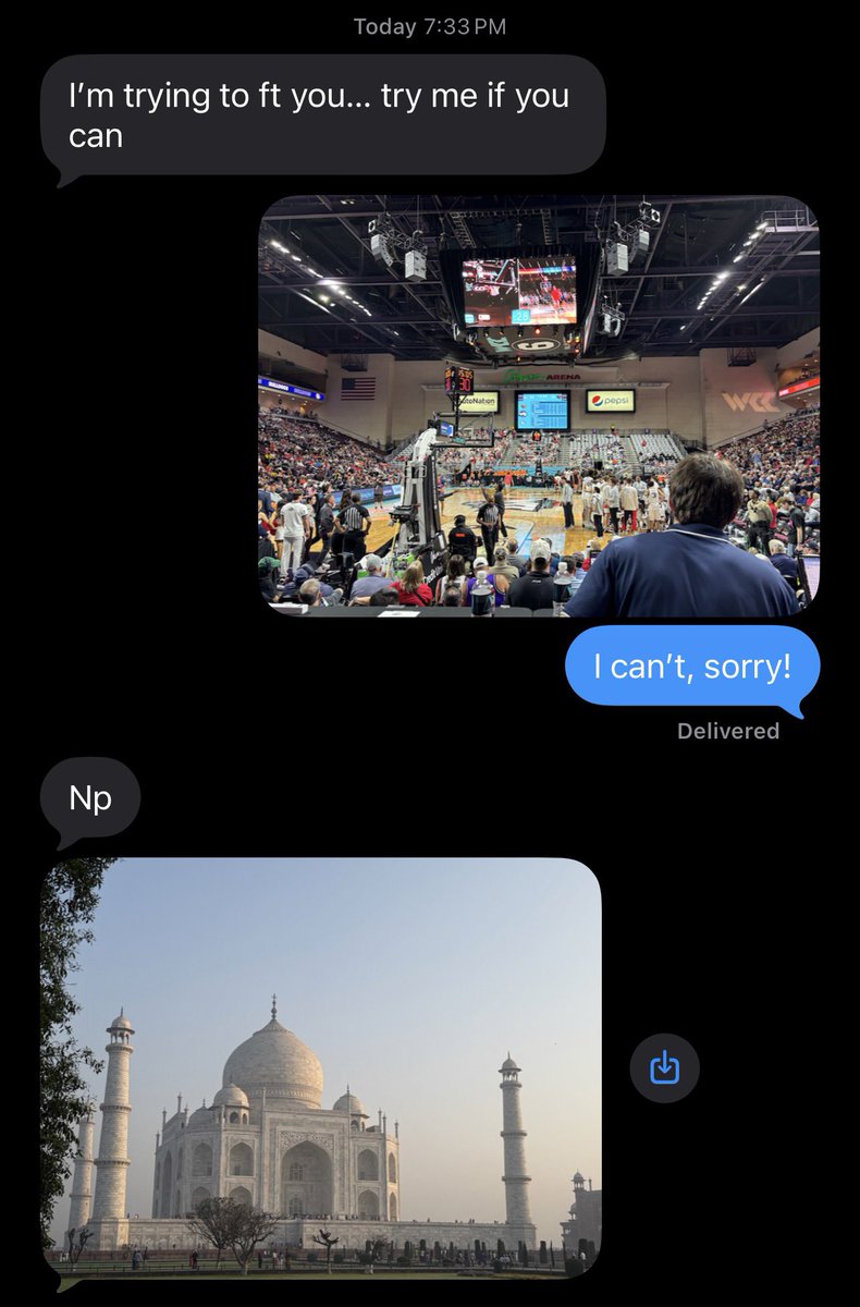 TheoLawson_SR's tweet photo. Parents are traveling in India. Mom tried to FaceTime me during the second half. Sent her a photo from Orleans Arena. She responded with a photo of the Taj Mahal. Would like to think I’m at the Taj Mahal of conference tournament venues. https://t.co/aGxAmFkYeY