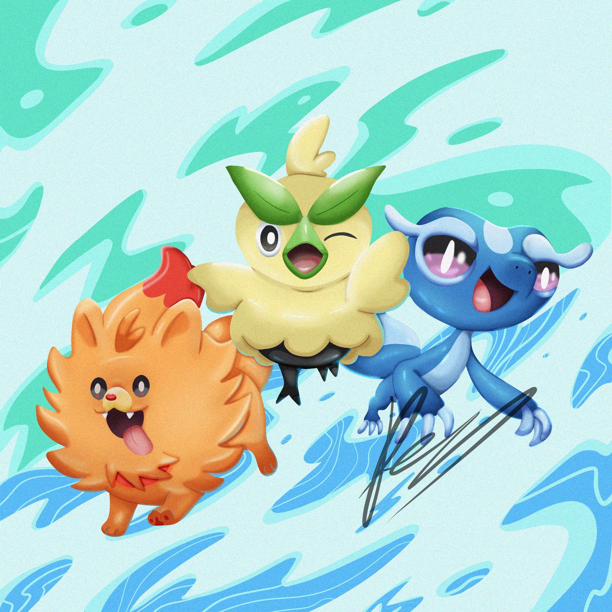 rem00artz's tweet photo. the gen 10 starter trio is officially complete! 🌿🔥💧 loved working on the textures for browt, gecqua, and pombon.
#remartz #fakemon #pokemon #digitalart #gen10 #fakedex https://t.co/ABjdHW2WeS