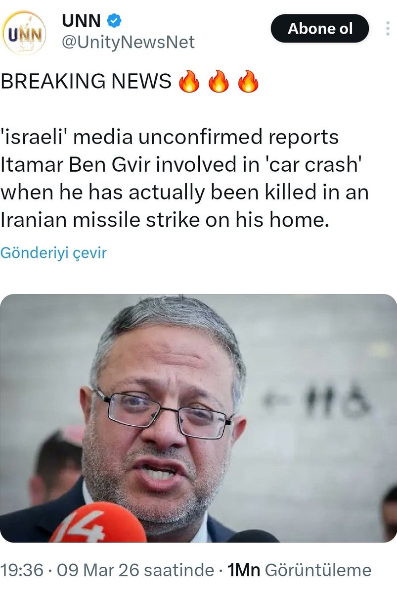 GÜNE GÜZEL BİR HABERLE DAHA BAŞLAYALIM...

Gazze soykırımının baş sorumlularından biri olan siyonist yapının sözde güvenlik bakanı katil soykırımcı Ben Givir kessin olmamakla beraber çok kuvvetli bir ihtimalle geberdi. 

Siyonist medya trafik kazasında öldü diye haber vermeye