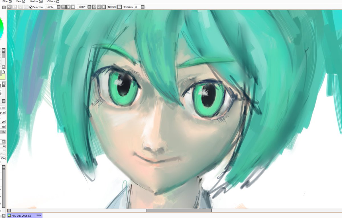 Civilian_upload's tweet photo. I underestimated how hard it would be to try to learn digital painting and drawing more seriously, so here's a WIP for a Miku Day drawing I may not finish for a long while. https://t.co/LA53hE6ndm