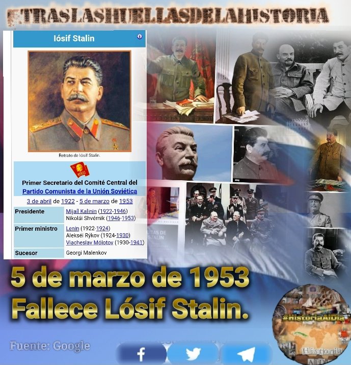 5 de marzo de 1953 Fallece Iósif Vissariónovich Dzhugashvili, ​ más conocido como Iósif Stalin, político, militar, revolucionario y dirigente soviético de origen georgiano, ​secretario general del Partido Comunista de la Unión Soviética #Cuba