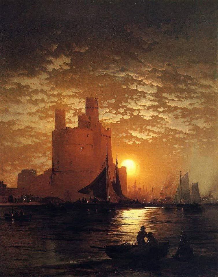 Arteymas_'s tweet photo. "Escena iluminada por la luna", 1885
Por, Edward Moran (Americano, 1829-1901)

Óleo sobre lienzo

Esta pintura, escena iluminada por la luna de Edward Moran (1829-1901), representa un puerto tranquilo iluminado por la luz cálida del sol o la luna poniente. Barcos de vela y pequeños barcos aparecen en silueta sobre el agua, mientras que una gran torre de piedra domina la costa.

El artista utiliza hábilmente la luz y los reflejos sobre el agua para crear una atmósfera poética y tranquila, que refleja la vida marítima y la relación entre las personas y el mar en el siglo XIX.