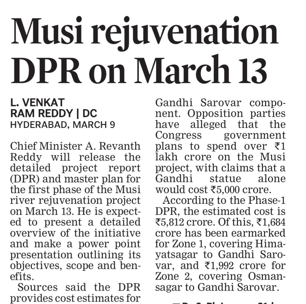 revanthannanews's tweet image. 🌟 Revanth to unveil Musi rejuvenation DPR on March 13
🔹 CM to release Phase-1 DPR and master plan
🔹 Estimated cost for Phase-1 ₹5,812 crore
🔹 Project covers Himayatsagar–Osmansagar to Gandhi Sarovar
#MusiProject
@revanth_anumula #Telangana
