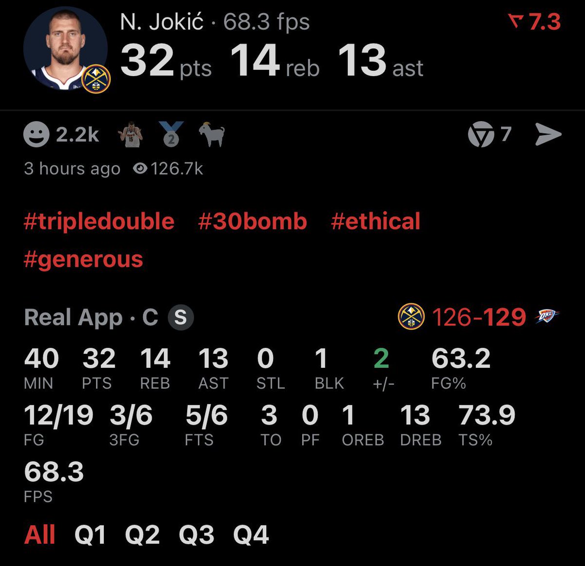SamwiseG6714's tweet image. Idk how you can look at Jokic’s performance and say he’s been surpassed by Shai. Only reason Nuggets are in it is cause of him.