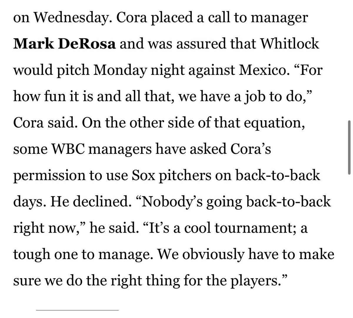 tylermilliken_'s tweet image. Garrett Whitlock is warming for the bottom of the 9th.

Mark DeRosa will not have to feel Alex Cora’s wrath.