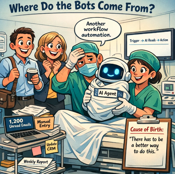 robotsrcoming's tweet photo. My daughter asked "Where do bots come from?" The answer: annoyance. Every AI agent starts with someone saying "Why am I still doing this manually?" Most companies are already full of bots - they're just made of people. #AI #automation https://t.co/IcARUJOazm