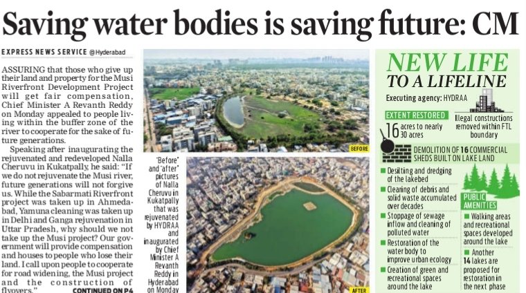 revanthannanews's tweet image. ✅Saving water bodies is saving future: Revanth
🔹 CM seeks public support for Musi Riverfront project
🔹 Assures fair compensation &amp;amp; rehabilitation to affected families
🔹 Rejuvenated Nalla Cheruvu lake inaugurated in Kukatpally
@revanth_anumula #MusiProject #Telangana