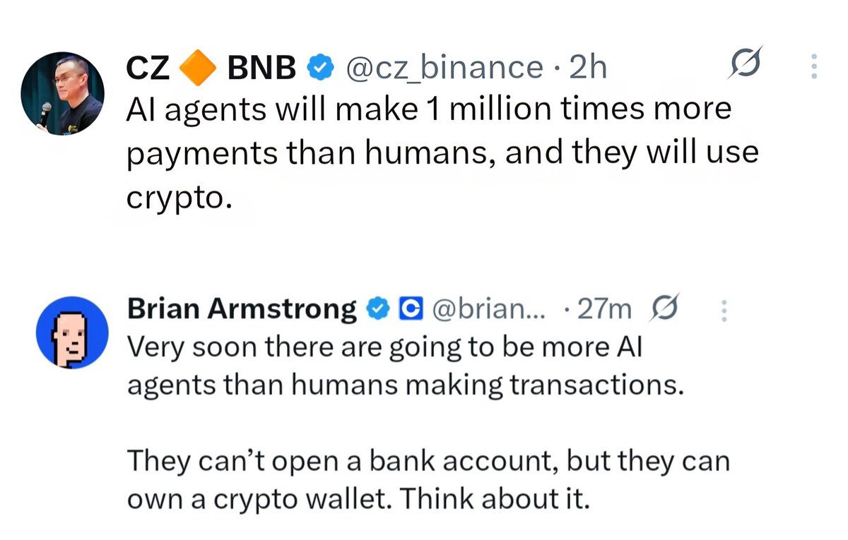 tobi24's tweet photo. 2 ngài chủ sàn #Binance  #Coinbase dí AI agents hoài lun 
nhưng vđ là agents n sẽ ưu tiên chọn mâm nào để chơi, để xào txn với nhau? 🧐

nghĩ đơn giản: các bên làm infra system & standards sẽ là “nhà cái” tạo sàn/sân chơi cho AI agents

agent n xào càng nhiều thì sàn bú fee càng mạnh > nhà cái càng giàu > token holder hít ké 

🔆 một số dự án top đầu làm infra cho AI agents mình đang follow:
@virtuals_io $VIRTUAL $GAME (base)
@GoKiteAI $KITE (hàng của Visa)
@pieverse_io (BNB chain)
@elizaOS $ELIZAOS (solana)
@FabricFND $ROBO
@ethereum $ETH 

vđ nữa là mấy đội crypto hiện tại liệu có đủ trình solo với mấy ô lớn web2 nhảy vào mâm infra AI agents này k? 
hay chỉ là tranh nhau đc miếng bánh nhỏ
 
thôi thì đợi tg trả lời chứ biết s :))

nước lên thuyền lên
ô nào lái lụa thì húp
chuẩn bị cho kỹ nhé các fen 👀