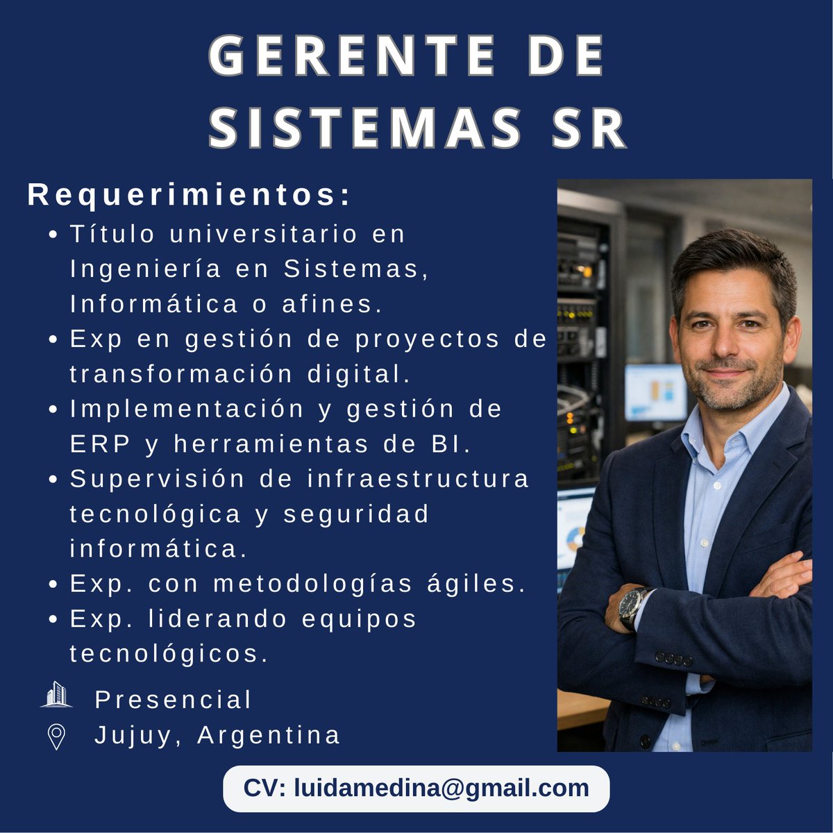 📢 Oportunidad Laboral | #Argentina
Busco un ingeniero en Sistemas o Informática apasionado por liderar la transformación tecnológica de una organización. 
#ITManager #GerenteDeSistemas #PowerBI #ERP #TransformacionDigital #ITLeadership #Jujuy #IngenieriaEnSistemas #joboah