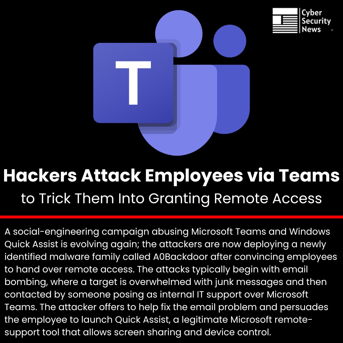 🚨 Hackers Attack Employees via Microsoft Teams to Trick Them Into Granting Remote Access 

Source: cybersecuritynews.com/hackers-attack…

A social-engineering campaign abusing Microsoft Teams and Windows Quick Assist is evolving again; the attackers are now deploying a newly identified