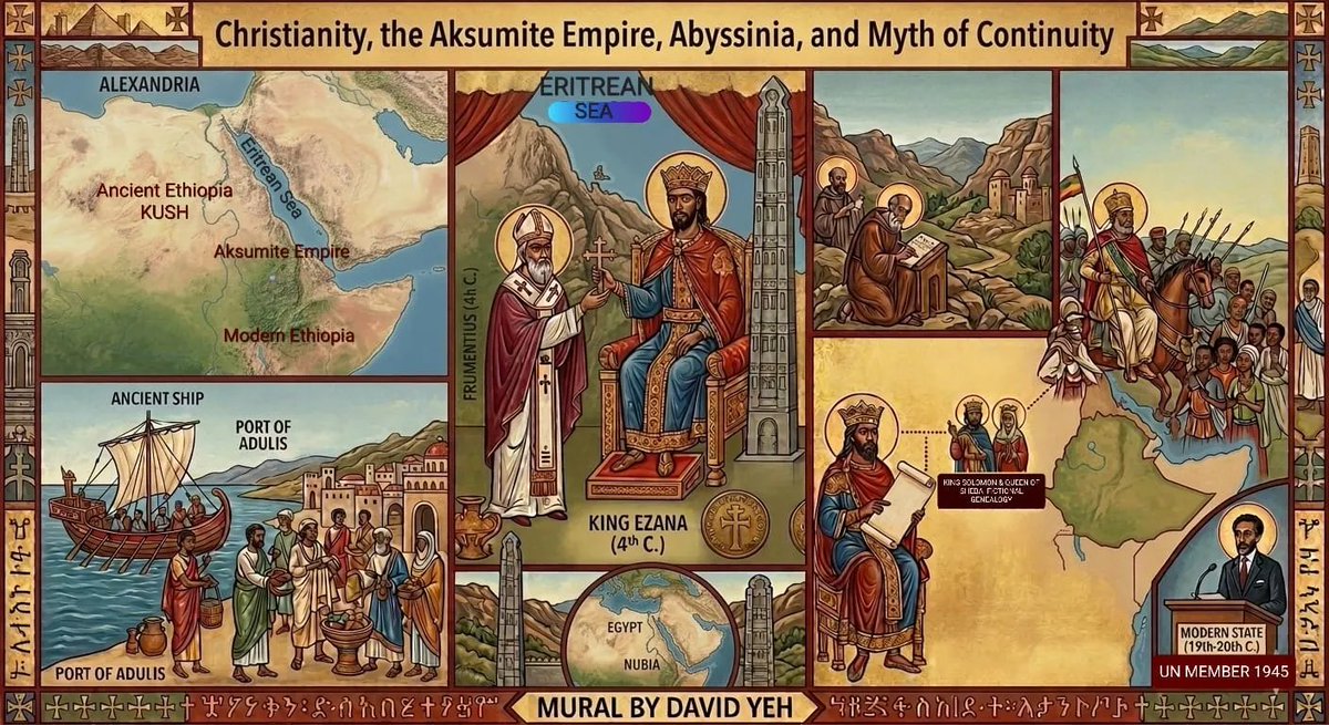 RedSeaBeacon's tweet photo. CHRISTIANITY, THE AKSUMITE EMPIRE, ABYSSINIA, AND MYTH OF CONTINUITY

… Christianity emerged in the first century CE in the eastern Mediterranean, particularly in the regions of Palestine, Lebanon, Syria, and Asia Minor, through the teachings of Jesus of Nazareth and the communities formed by his early followers.
… Christianity first reached the Red Sea region through the movements of merchants, sailors, and travelers navigating the maritime trade routes that linked Northeast Africa with the Near East, the Mediterranean world, and even India.
… A central pillar of Abyssinian imperial ideology was the claim that its ruling dynasty descended from the biblical King Solomon and the Queen of Sheba. This claim rests primarily on the Kebra Nagast (“The Glory of the Kings”), a fourteenth-century text compiled during the rise of the Solomonic dynasty after it overthrew the Zagwe rulers.
… the Solomonic genealogy presented in the Kebra Nagast is best understood as a medieval political fiction.

Read more: https://t.co/JiqYVVsMI5  by David Yeh

#AfricanUnion #HornofAfrica #Eritrea #Ethiopia #Sudan #Somalia #Egypt @hawelti @shabait @EmbassyEritrea @hadnetkeleta @SirakBahlbi @Ghidewon @PMEthiopia @MFAEthiopia @MofaSudan @MOFASomalia @MfaEGYPT @_AfricanUnion @StateDept @AJEnglish @BBCWorld @AFP @TheEconomist @thenation @PressTV @Telegraph @nytimes @UN @dwnews @tesfanews @TheReporterET @gulf_news
