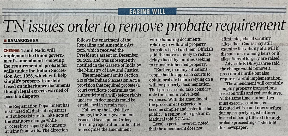nanasaiin's tweet image. Easing will: Tamil Nadu govt issues order to remove probate requirement @dt_next #propertyregistration #registration 

dtnext.in/news/tamilnadu…