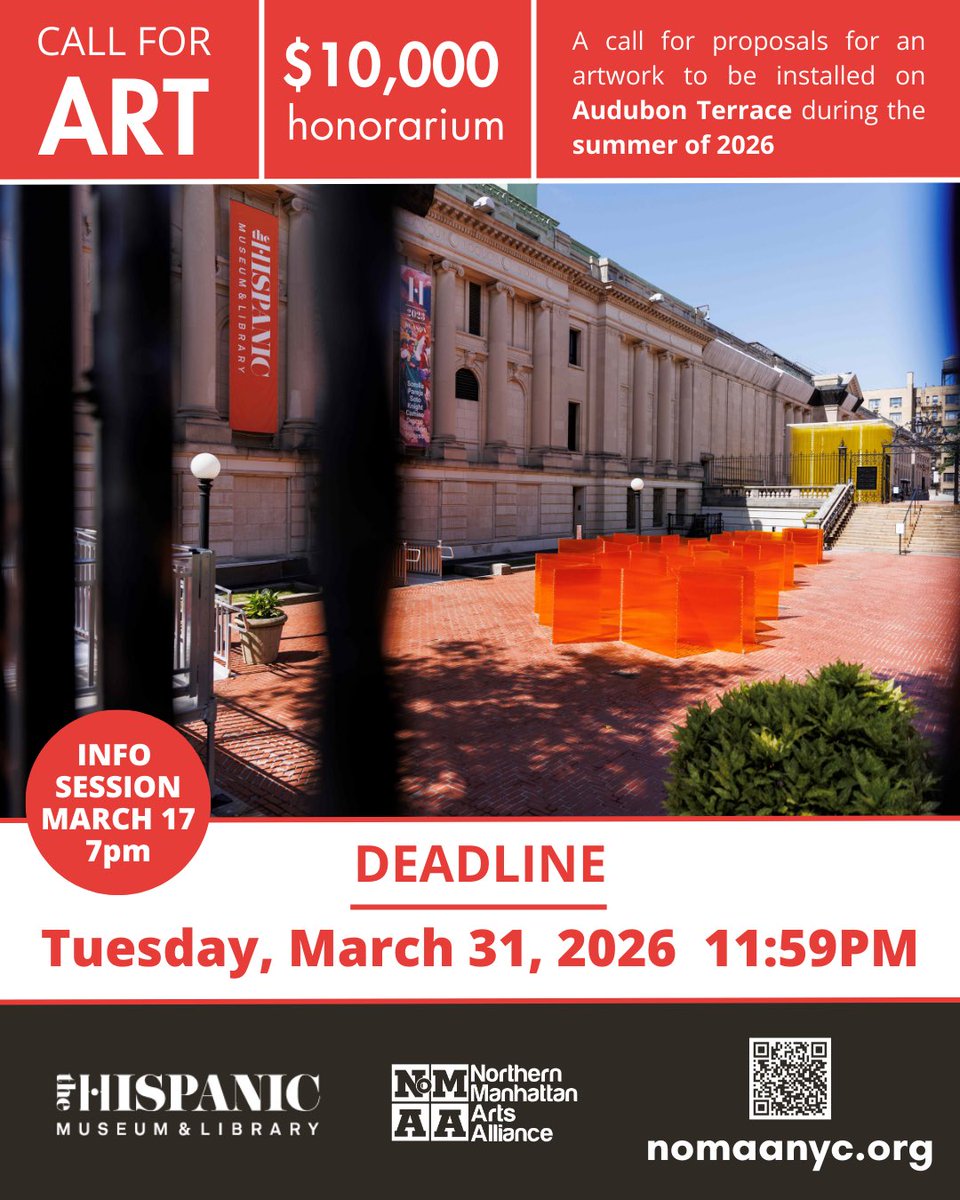 ‼️Open Call: Art on the Audubon Terrace 2026‼️

<a href="/HSAmuseum/">Hispanic Society Museum & Library</a> &amp; <a href="/NoMAAarts/">NoMAA</a> are accepting submissions for an original outdoor art installation to be exhibited in the public plaza on Audubon Terrace outside the Hispanic Society. 

INFO SESSION March 17, 7pm
us02web.zoom.us/meeting/regist…