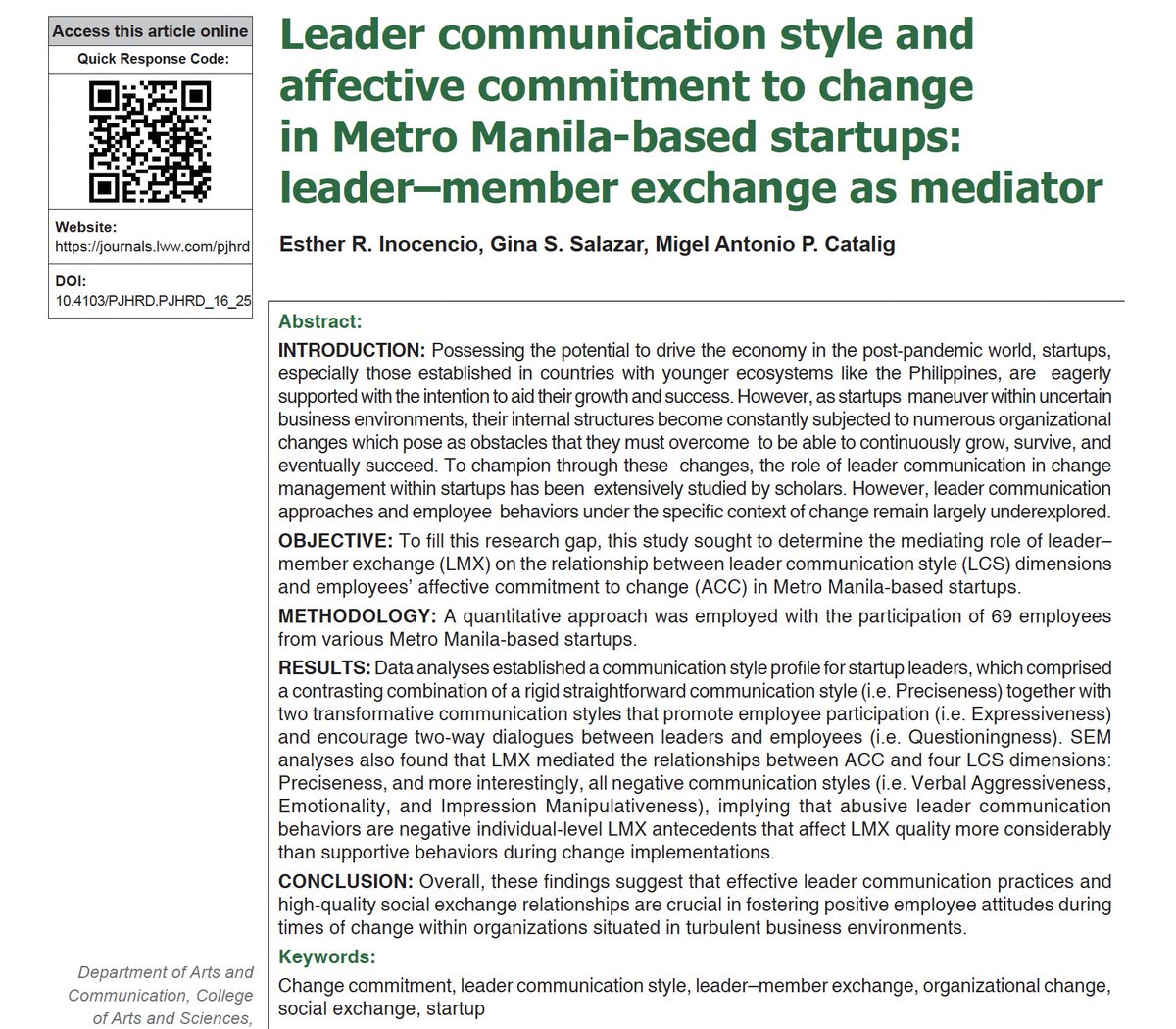 pjhrd's tweet photo. 𝐈𝐧 𝐏𝐉𝐇𝐑𝐃 𝟏𝐬𝐭 𝐈𝐬𝐬𝐮𝐞 𝟐𝟎𝟐𝟔!

Explore how leader communication styles influence affective commitment to change in Metro Manila startups, with leader–member exchange (LMX) as a key mediator.

Scan the QR or read: https://t.co/zT6aU8gsV0

@UPManilaOnline https://t.co/Y9m3nULPia