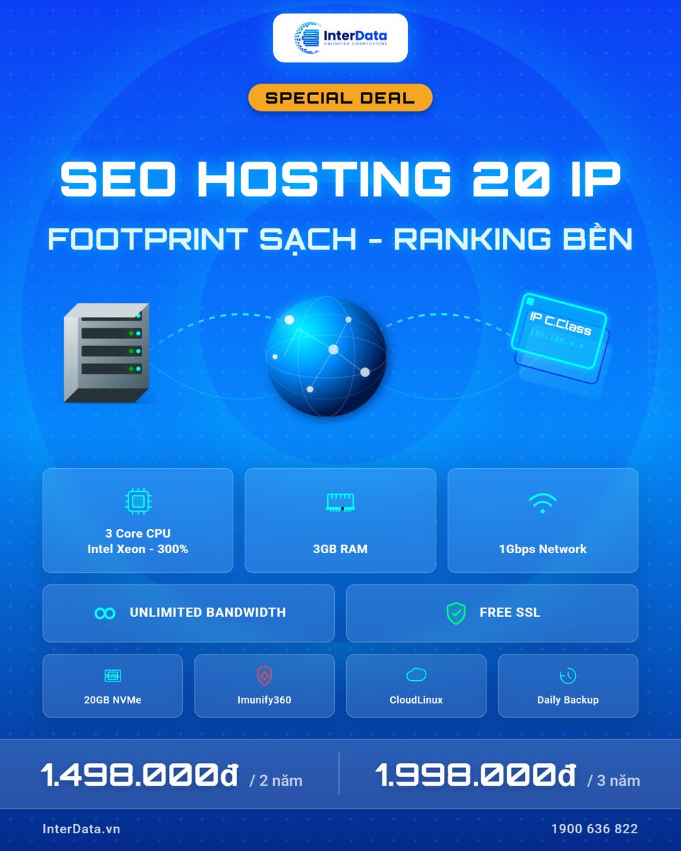 Interdatavn's tweet photo. [Special Deal] SEO HOSTING 20 IP – FOOTPRINT SẠCH, RANKING BỀN
Cấu hình: 3 core - 3 GB RAM - 20 GB NVME - 20 IP Class C - Free SSL - Daily Backup - Imunify360 - 1 Gbps Network Ports
#InterData #SEOHosting #PBN #SEO https://t.co/h4iFdgWJfj
