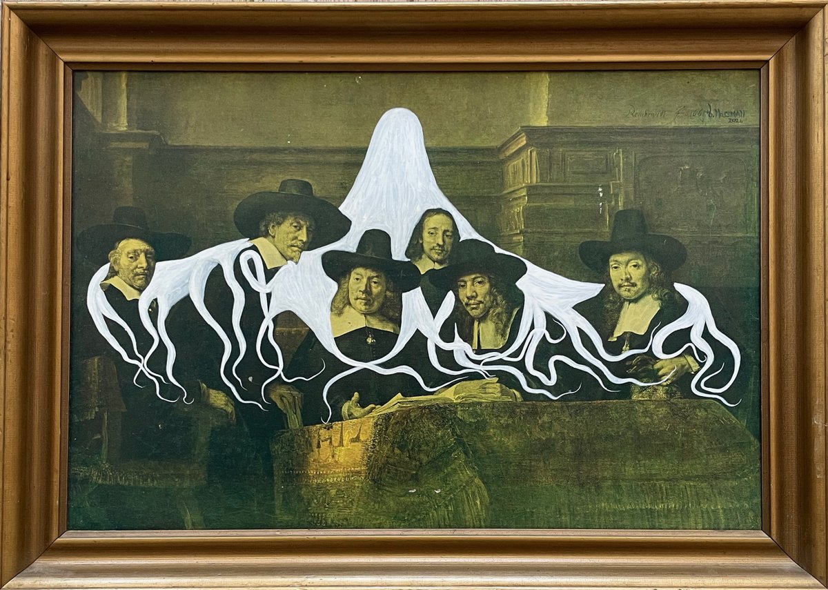 bMossmanProd's tweet image. “One Last Deep Dark Hug (Rembrandt &amp;amp; b. Mossman)" Acrylic on found, thrift shop, framed print-board. 41 x 56.5 cm / 16 x 22.25” (frame size).  Prints available.  bmossman.com/products/one-l…  #bmossman #bradmossman #rembrandt #thriftshopart #foundart #collaborativepainting