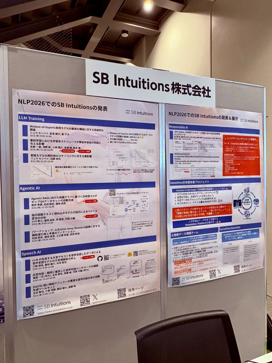 sbintuitions's tweet photo. NLP2026のスポンサーブース Q会場にてデモ展示を行なっています✨
会場にお越しの際はぜひお立ち寄��ください！
その他、SB Intuitionsの社員による論文発表も多数行なわれています。

詳しくはこちら
https://t.co/tCc2dnTE8T https://t.co/wIZPgNF5Md