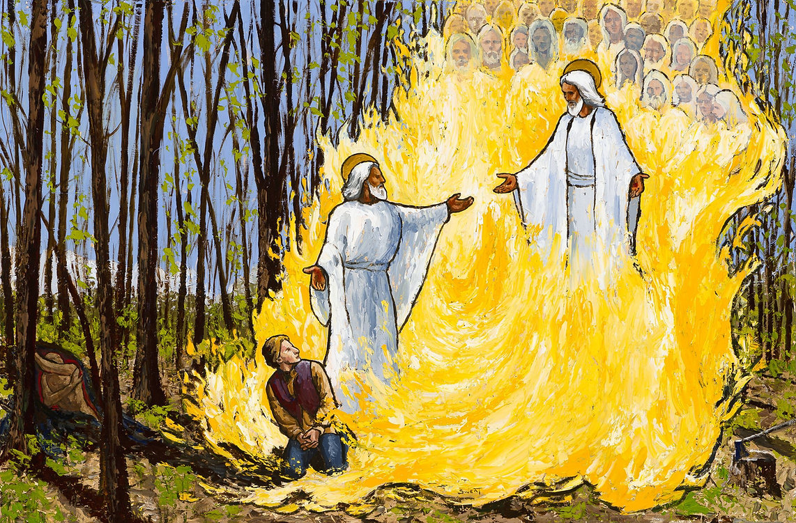 First Visions, by Anthony Sweat.  I love the flame here.  Joseph Smith sometimes described the pillar of light as a pillar of fire.  Here's how Orson Pratt described the vision as told to him by Joseph:

“While thus pouring out his soul, anxiously desiring an answer from God, he,