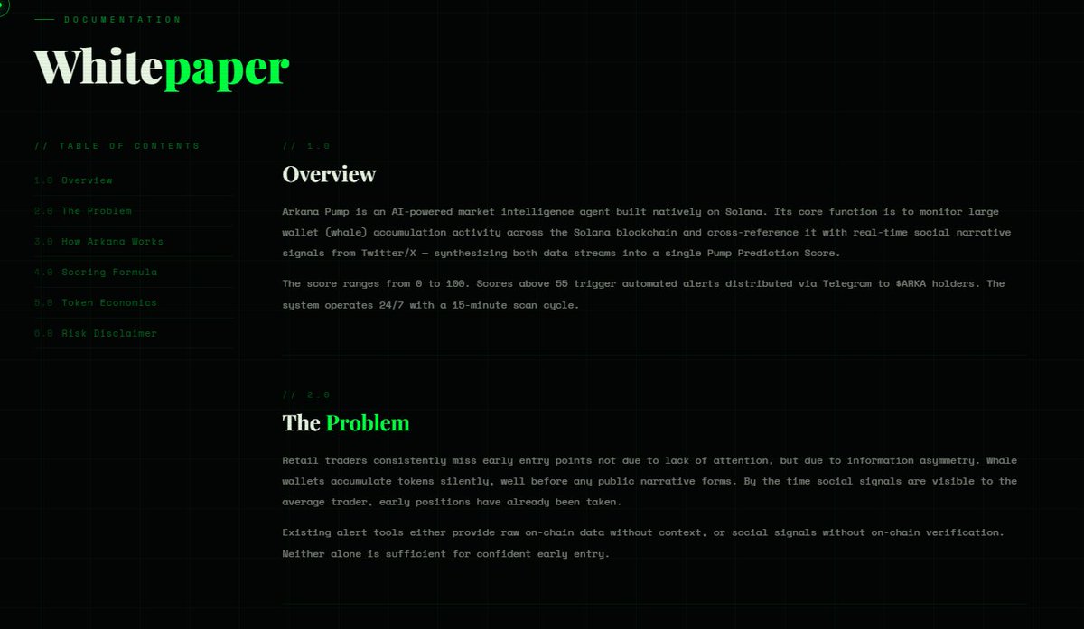 ArkanaPump's tweet photo. We wrote a Whitepaper. 📄

Not to sound fancy.
But because you deserve to know exactly how Arkana works.

→ The scoring formula
→ How whale data is weighted
→ How social signals are measured
→ Token economics

https://t.co/f69KkdX66T

No black box. Full transparency. 🐋 https://t.co/mbD1dFxAhp