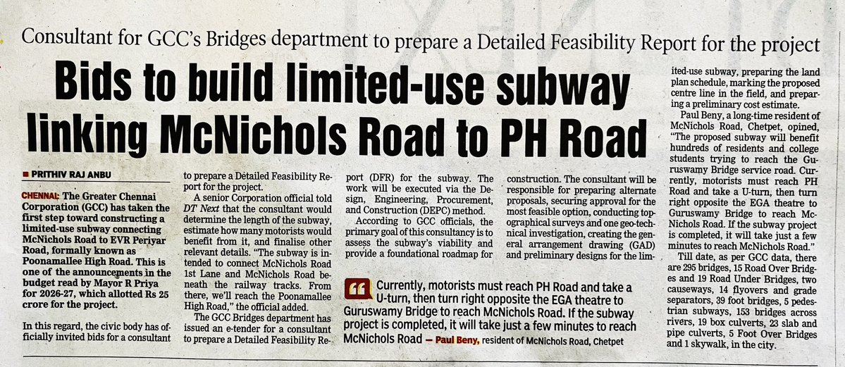 Prithivrajanbu's tweet image. The #GCC has taken the first step toward constructing a limited-use #subway connecting #McNicholsRoad to #PoonamalleeHighRoad. One of the announcements in the budget read by Mayor R Priya in this fiscal yr, allotted Rs 25 cr for the project. @dt_next 

dtnext.in/news/chennai/b…